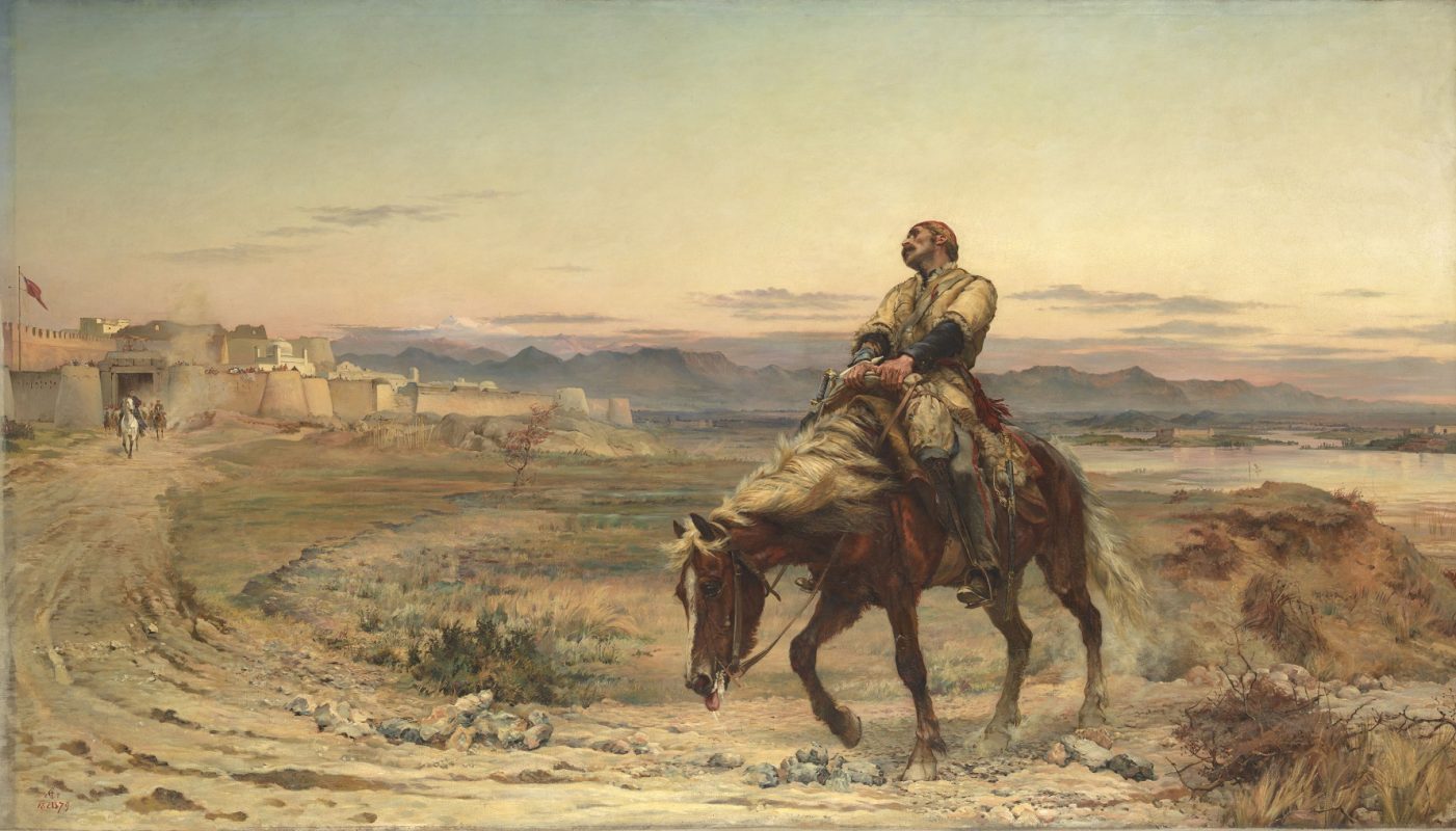 Uma das principais telas em exposição, pintada por Elizabeth Butler em 1842, retrata o único sobrevivente de um massacre ocorrido no Afeganistão no século 19