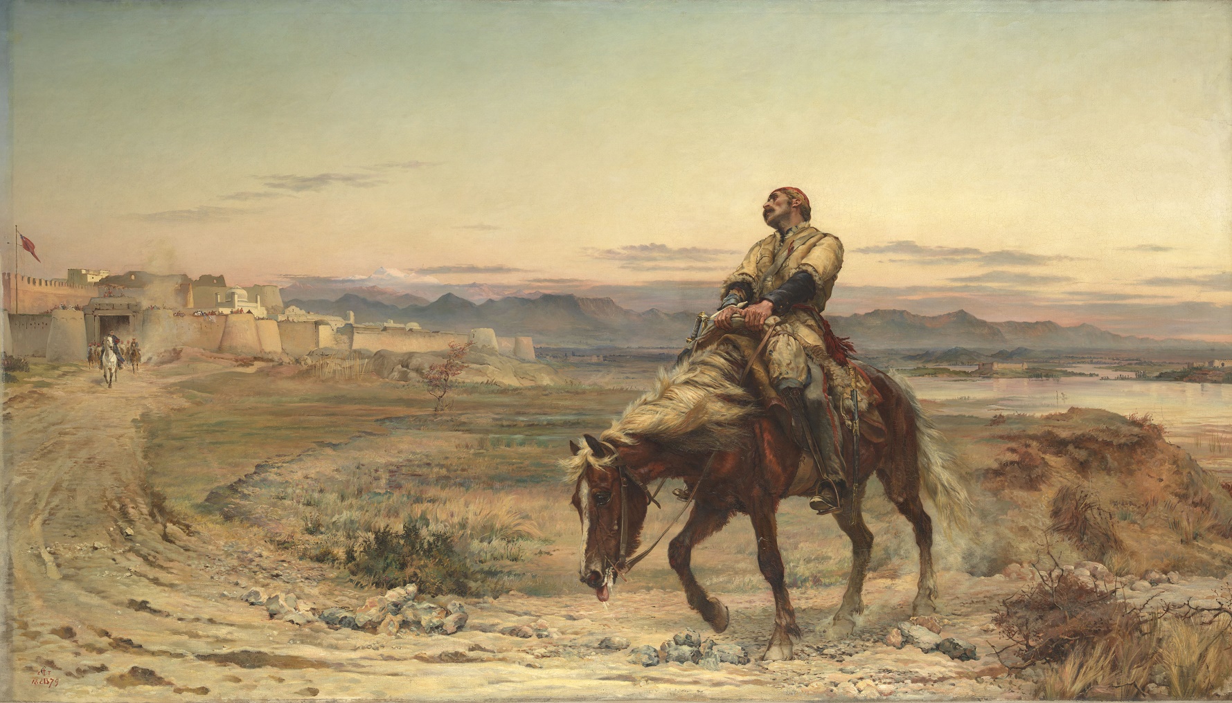 Uma das principais telas em exposição, pintada por Elizabeth Butler, em 1842, retrata o único sobrevivente de um massacre ocorrido no Afeganistão no século 19