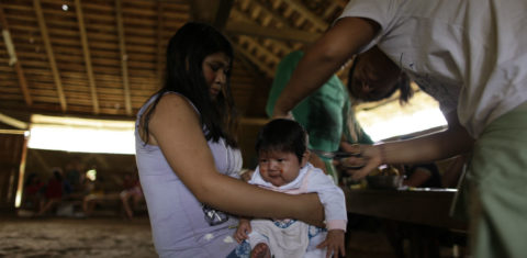 Bebê Yanomami tem cabelo cortado para verificar dose de mercúrio no seu corpo (Foto: Marcos Wesley/ ISA)
