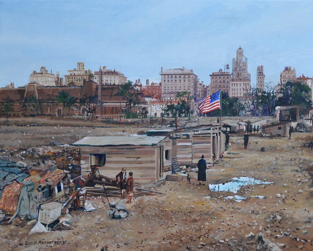 O quadro do pintor americano George H. Rothacker mostra uma favela (hooverville) em pleno Central Park
