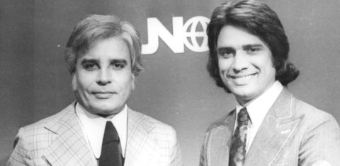 Cid Moreira e Sérgio Chapelin na tradicional bancada do Jornal Nacional. Foto Arquivo da TV Globo