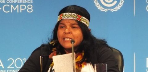 Sonia Guajajara, da Articulação dos Povos Indígenas, faz um pronunciamento na COP-18, em Doha, no Quatar. Foto Cimi