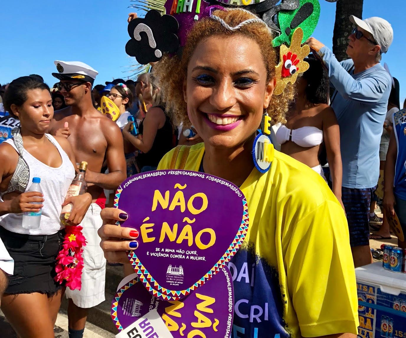 Marielle Franco no carnaval de 2018 em campanha contra assédio às mulheres: defensora dos direitos humanos e da população mais vulnerável (Foto: Carla Lencastre)