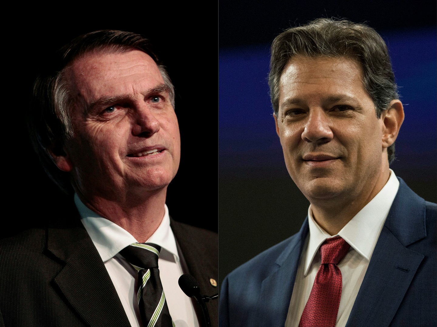Bolsonaro e Haddad passaram a campanha toda sem se encontrar para um debate. Fotos de Miguel Schincariol e Daniel Ramalho/AFP