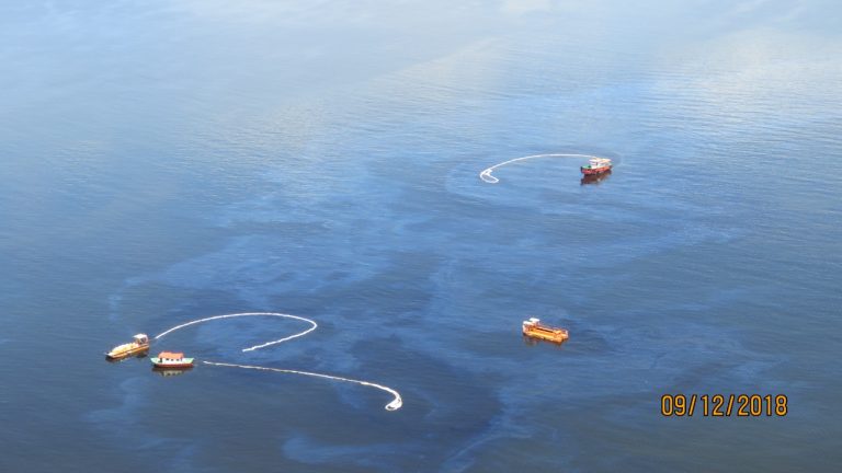 Imagem mostra o óleo derramado na baía neste domingo - 9/12 (Foto ICMBIO)