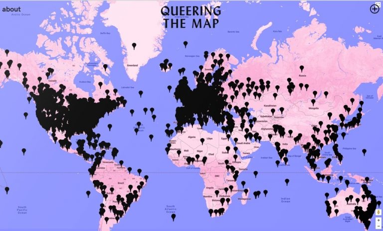 O “Queering the map” entra em 2019 com sua superfície tomada por manchas pretas, tantos são os pins acumulados em várias partes do mundo. Foto Reprodução