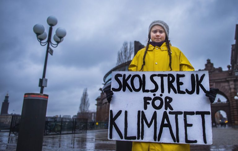 A sueca Greta Thunberg, de 15 anos, exibe a placa "Greve escolar pelo clima" durante um protesto em novembro no ano passado (Foto Hanna Franzen / TT News Agency / AFP)