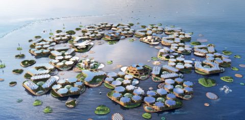 Projeto de ilhas flutuantes hexagonais com três vezes o tamanho de um campo de futebol, com populações de 300 pessoas em cada: alternativa para cidades costeiras a serem engolidas pela subida do nível do mar (Foto: Divulgação)