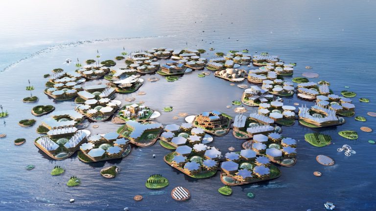 Projeto de ilhas flutuantes hexagonais com três vezes o tamanho de um campo de futebol, com populações de 300 pessoas em cada: alternativa para cidades costeiras a serem engolidas pela subida do nível do mar (Foto: Divulgação)