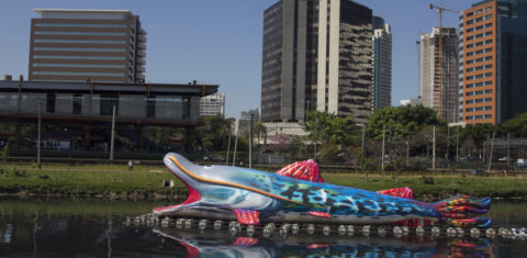A escultura móvel Pintado, de Eduardo Srur, navega no Rio Tietê para alertar para a degradação do Rio: aumento de 33% na mancha de poluição (Foto: Eduardo Srur/Divulgação)