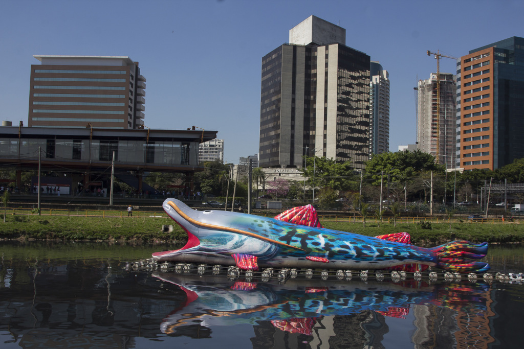 A escultura móvel Pintado, de Eduardo Srur, navega no Rio Tietê para alertar para a degradação do Rio: aumento de 33% na mancha de poluição (Foto: Eduardo Srur/Divulgação)