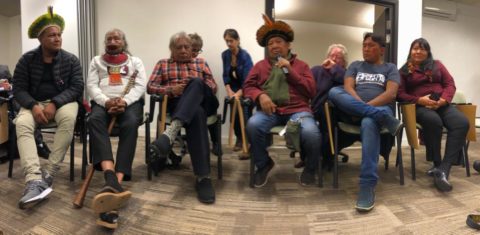 A partir da esquerda, Raoni Neto, o cacique Raoni, Megaron, Davi Yanomami, seu filho Dario e a deputada Joenia. Tainá de Luccas