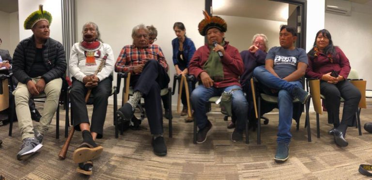 A partir da esquerda, Raoni Neto, o cacique Raoni, Megaron, Davi Yanomami, seu filho Dario e a deputada Joenia. Tainá de Luccas