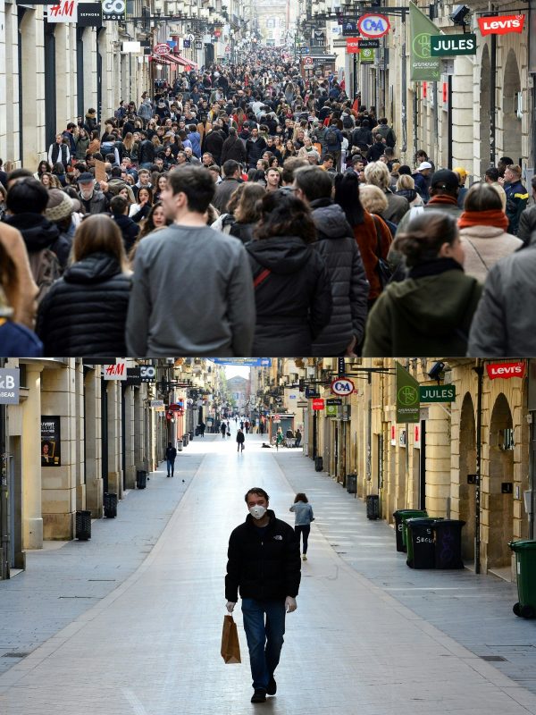 A rua Sainte-Catherine, em Bordeaux, na França, antes e depois da quarentena decretada por conta do coronavírus. Foto Mehdi Fedouach/AFP
