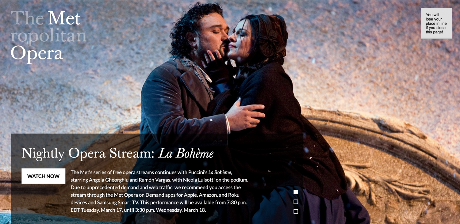 A Metropolitan Opera, em Nova York, está oferecendo espetáculos gratuitamente, por streaming