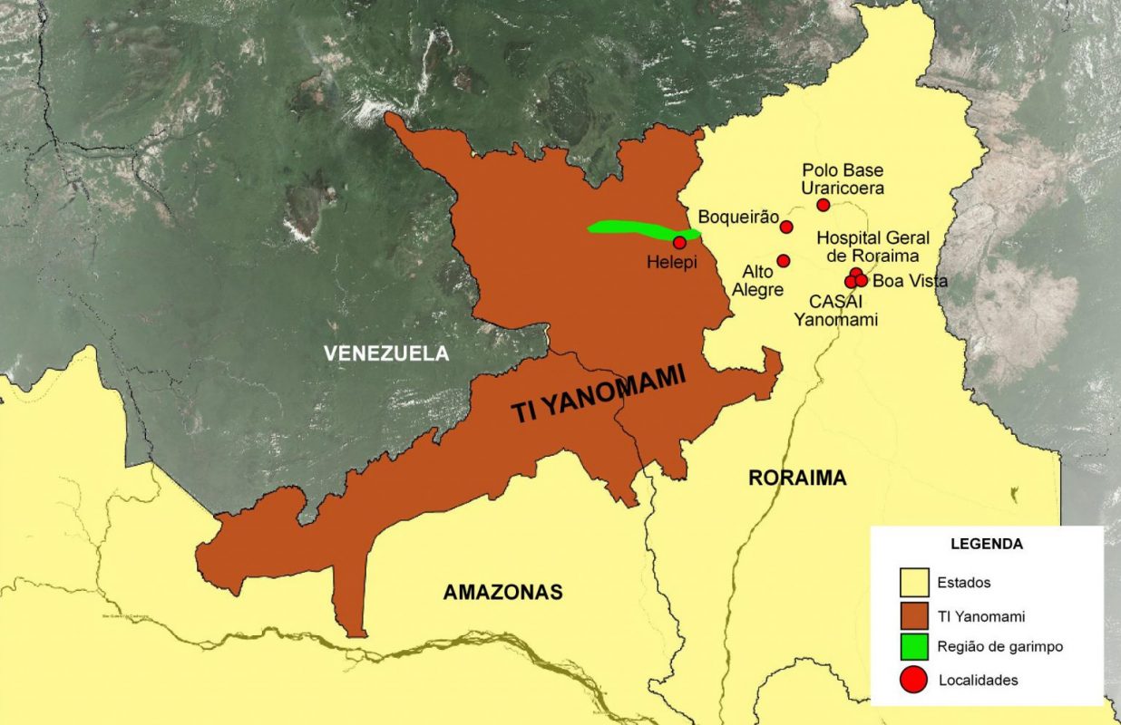 Área por onde Alvanei circulou e buscou atendimento de saúde: adolescente era da comunidade Helepi, na Terra Yanomami, e estudava na Terra Indígena Boqueirão (Arte: Amazônia Real)