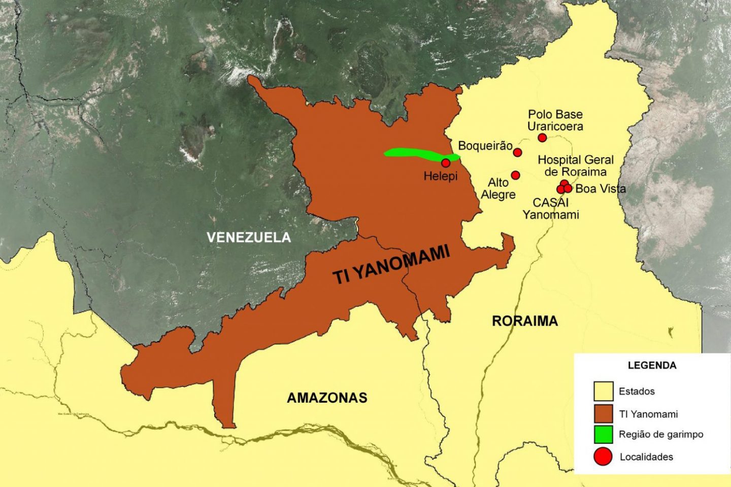 Área por onde Alvanei circulou e buscou atendimento de saúde: adolescente era da comunidade Helepi, na Terra Yanomami, e estudava na Terra Indígena Boqueirão (Arte: Amazônia Real)