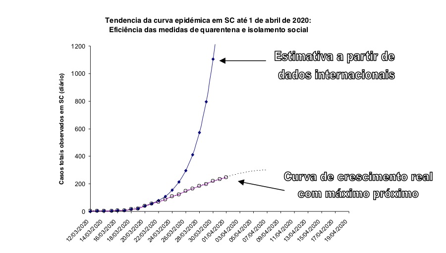 Tendência de curva em Santa Catarina até 1º de abril mostra eficiência de isolamento social (Reprodução/UFSC)
