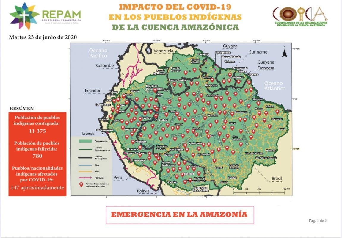 Levantamento da Coica - Coordenação das Organizações Indígenas da Bacia Amazônia) - mostra o avanço da covid-19 entre indígenas em todos os países amazônicos