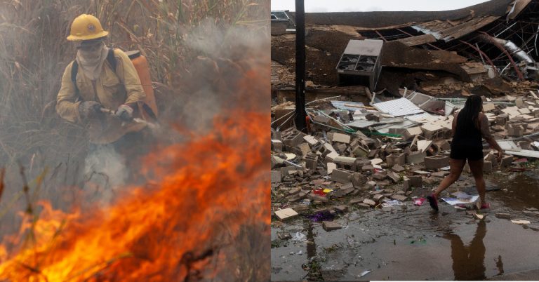 Combate a queimada no Pará e destruição na Louisiana após passagem de furacão: aquecimento do Atlântica provoca seca e temporada de tempestades (Fotos: Ernesto Carriço e Joe Raedle/Getty Images/AFP)