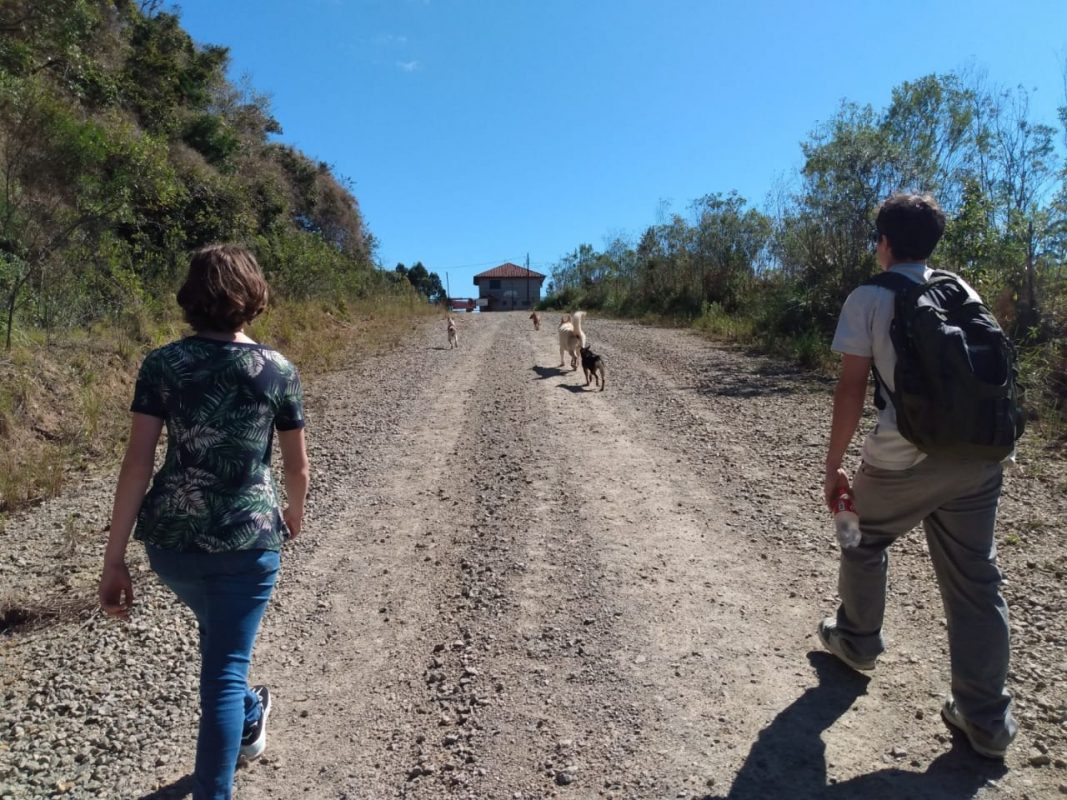 A professora Agnes, acompanhado do filho e do cachorro, a caminho da casa de estudante na zona rural da Serra da Graciosa: apoio pedagógico em domicílio (Foto: Arquivo Pessoal)