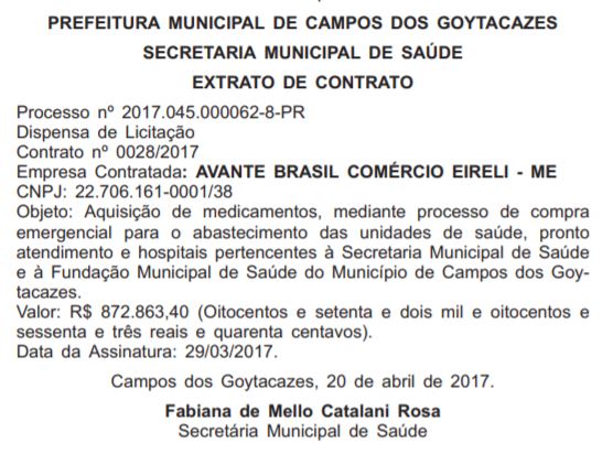 Contrato com dispensa de licitação da Avante com a Prefeitura de Campos: pagamentos de R$ 67 milhões desde 2017 (Reprodução)