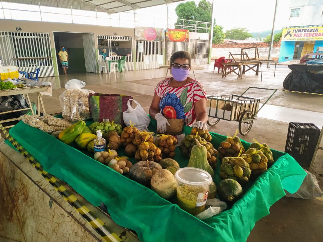 Agricultora na feira de São Desidério, reaberta após semanas suspensa: feirantes voltaram com cuidados mas consumidores ainda estão temerosos (Foto: Prefeitura de São Desidério)