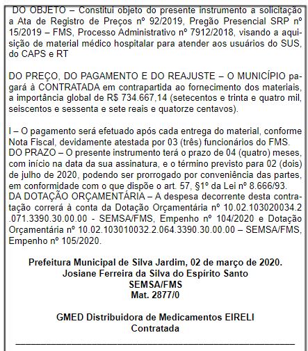 Contrato para compras - sem licitação - entre a Prefeitura de Silva Jardim e a Gmed (Reprodução)