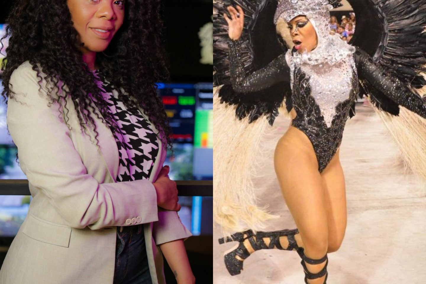 Rafaela Bastos, no Centro de Operações da Prefeitura e na Sapucaí: aposta no estudo e empoderamento como passista. Fotos do acervo pessoal