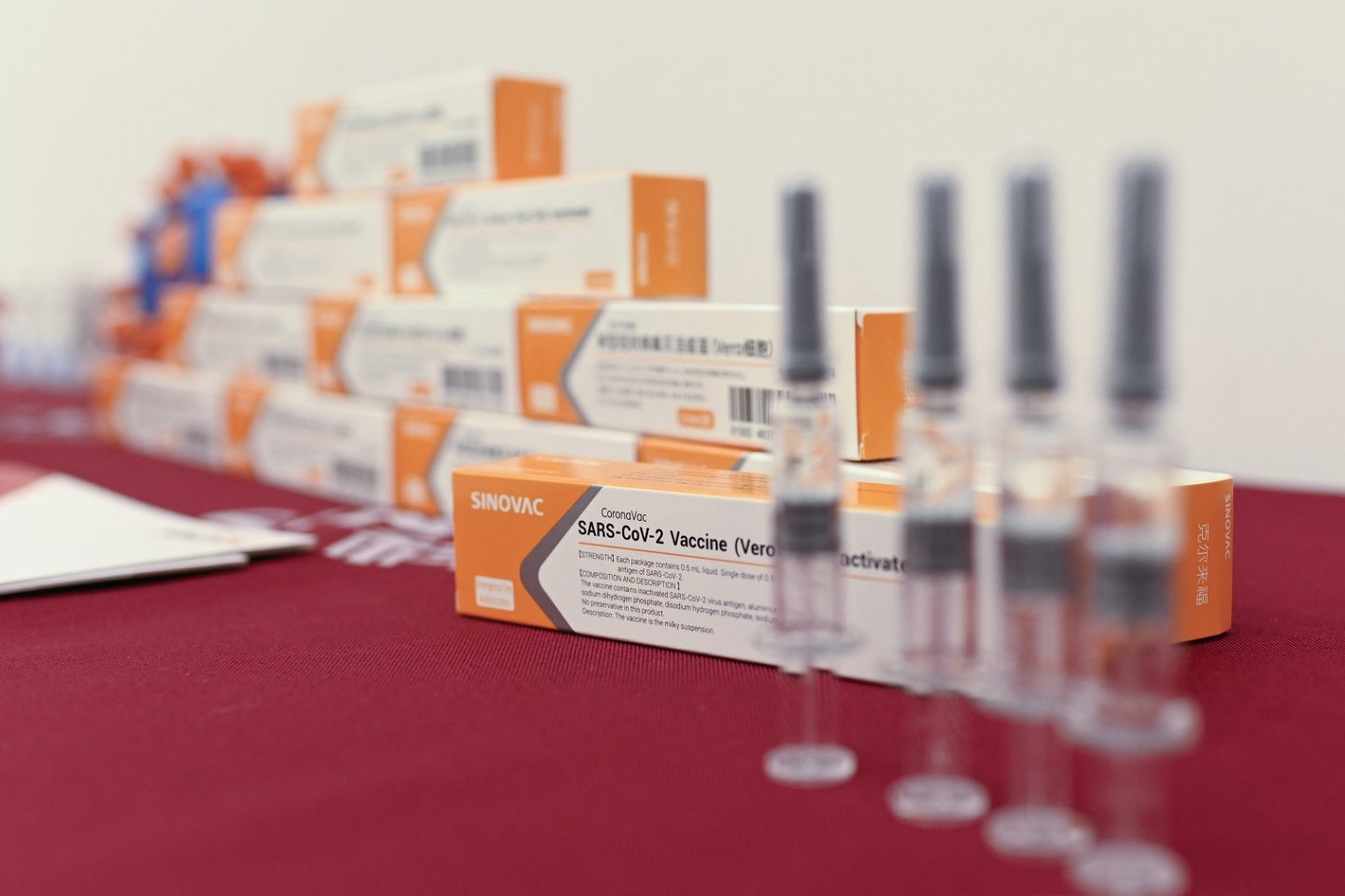 As vacinas da Sinovac Biotech, uma das 11 empresas chinesas aprovadas para realizar testes clínicos de vacinas contra o coronavírus, são exibidas em uma entrevista coletiva durante um tour pela nova fábrica construída em Pequim. Foto Wang Zhao/AFP. Setembro/2020