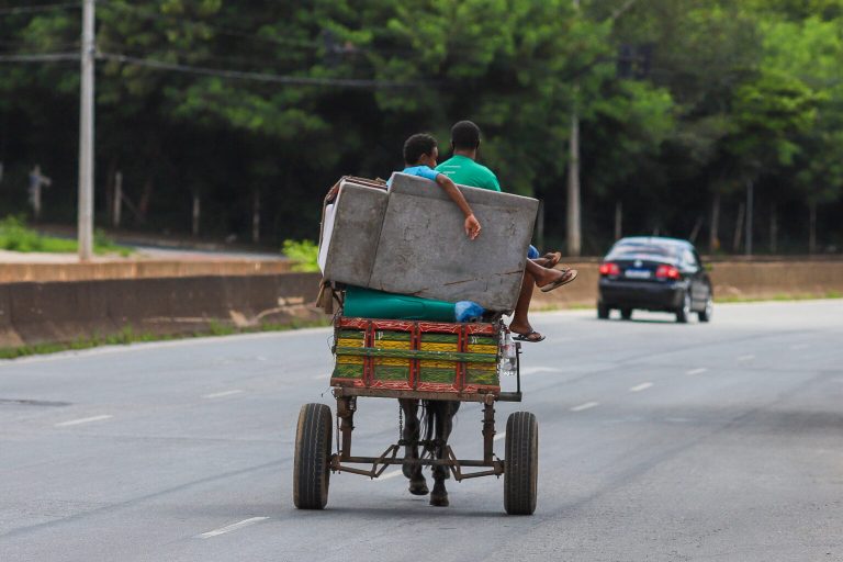 Menino em carroça em Belo Horizonte: Afastamento da escola gera pressão para engajamento no trabalho, comprometendo a perspectiva de futuro dessas crianças (Foto: Joana Suarez)