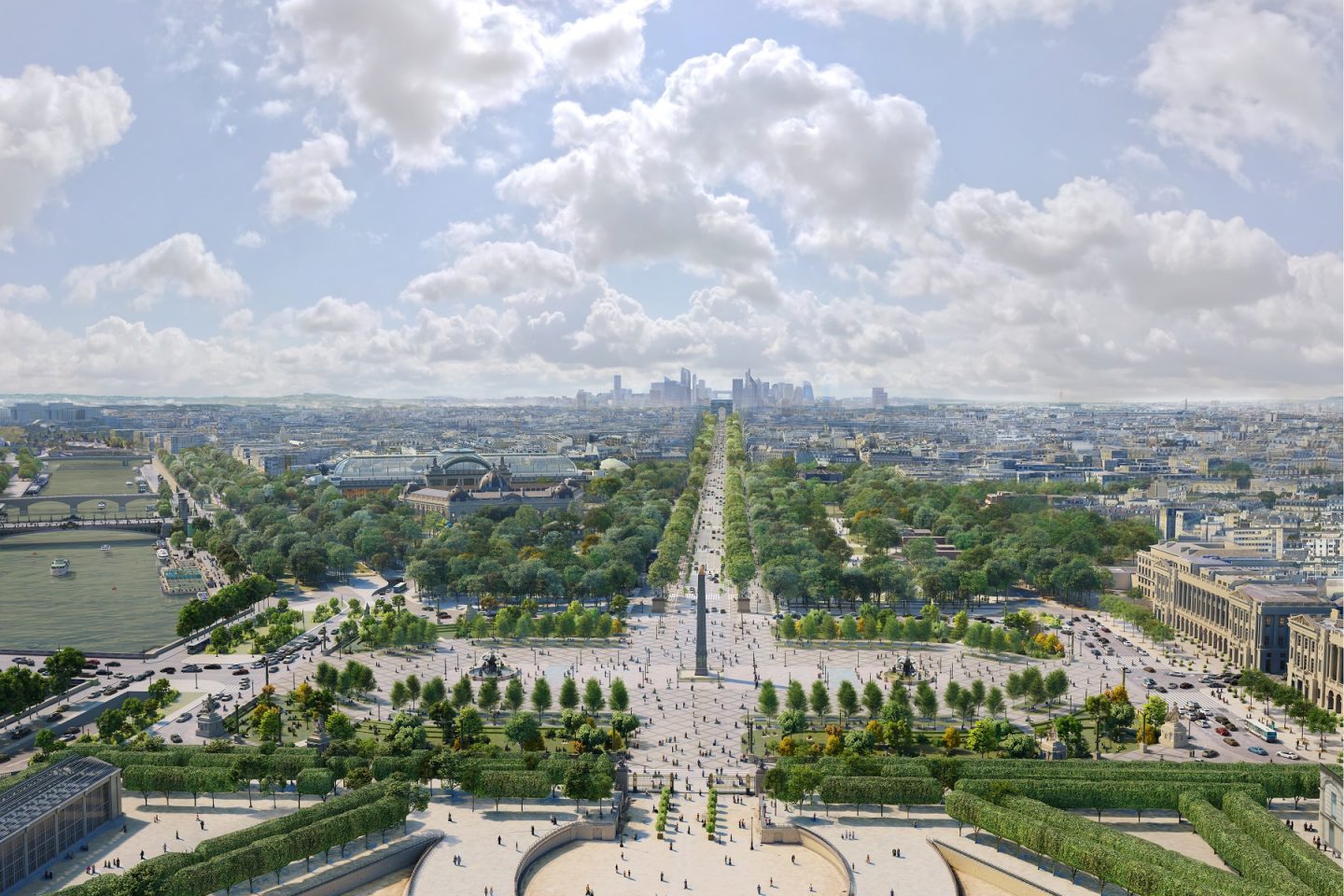 Paris com menos carros: imagem mostra como ficará a Avenida Champs-Élysées vista da Place de la Concorde em 2030