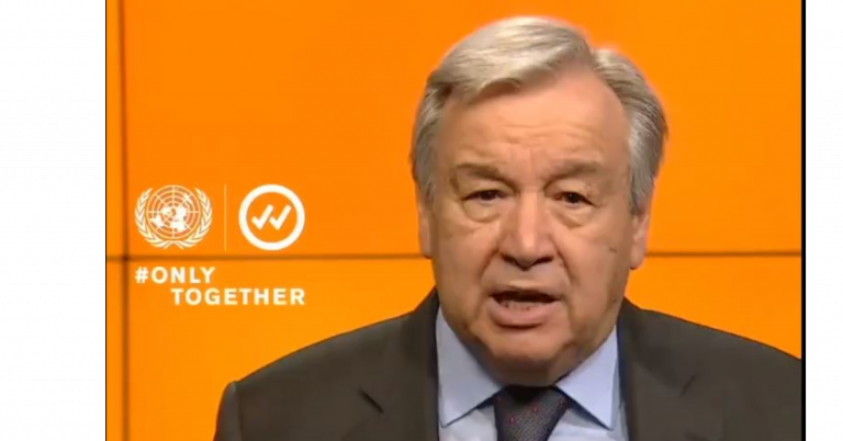 O secretário-geral da ONU, Antonio Guterres, no lançamento da campanha: "Somente unidos, podemos reviver nossas economias. Somente unidos, podemos acabar com esta pandemia e nos recuperar" (Foto: Reprodução)