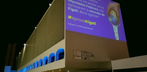Organizações da Sociedade Civil fazem projeção na Biblioteca Nacional, em Brasília, em favor da aprovação da Emenda Kigali. Foto Divulgação/Idec