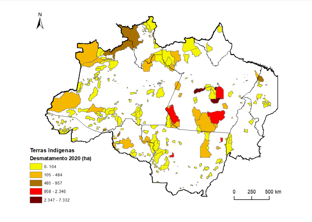 Avanço do desmatamento em terras indígenas em 2020: áreas em tom mais escuro, no Pará, foram os principais alvos dos desmatadores (Mapa: ISA)