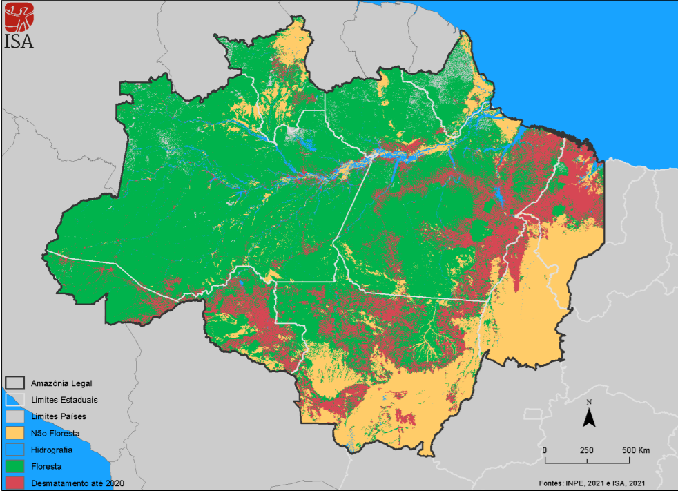 Em rosa, o avanço do desmatamento sobre o verde da floresta: Pará foi o estado com maior área atingida nos dois últimos anos (Arte: ISA, com dados do Inpe)
