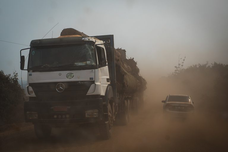 Caminhão com madeira extraída da floresta trafega na Transamazônica: projeto aprovado na Assembleia no Amazonas fragiliza licenciamento ambiental (Foto: Bruno Kally/Amazônia Real - 10/08/2020)