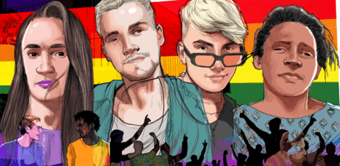 Roberta Nascimento, Samuel Luiz Muñiz, Gabriel Garcia e Paloma Amaral foram vítimas de LGBTfobia. Apenas Paloma conseguiu sair viva. (Ilustração: Claudio Duarte)