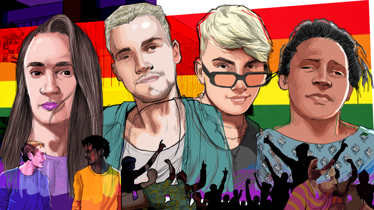 Roberta Nascimento, Samuel Luiz Muñiz, Gabriel Garcia e Paloma Amaral foram vítimas de LGBTfobia. Apenas Paloma conseguiu sair viva. (Ilustração: Claudio Duarte)