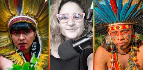 Celia Xakriabá, Letícia Leite e Tukumã Pataxó, trio do podcast Papo de Parente. (Fotos: Divulgação)
