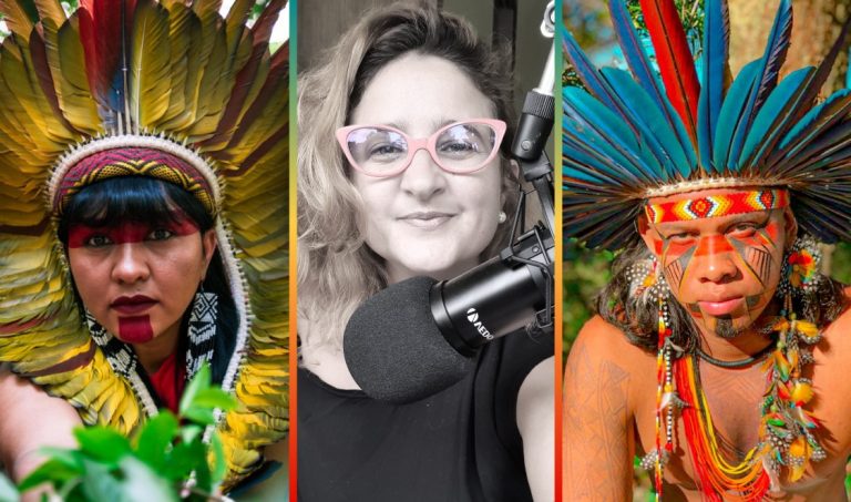 Celia Xakriabá, Letícia Leite e Tukumã Pataxó, trio do podcast Papo de Parente. (Fotos: Divulgação)