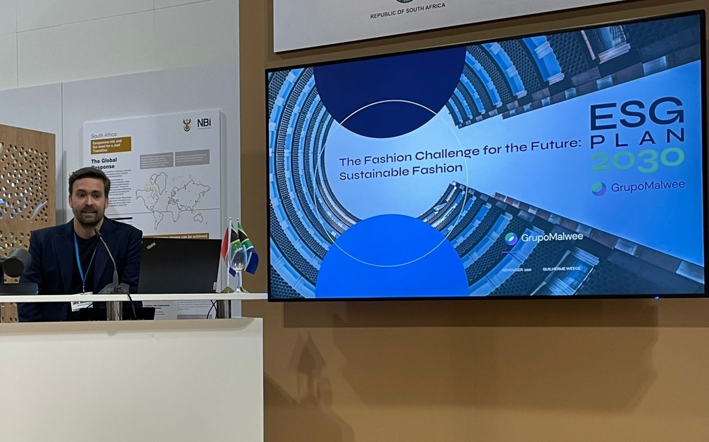 Guilherme Weege, CEO do Grupo Malwee, em painel sobre moda sustentável na COP26: laboratório para desenvolvimento em parceria de produtos sustentáveis (Foto: Divulgação)
