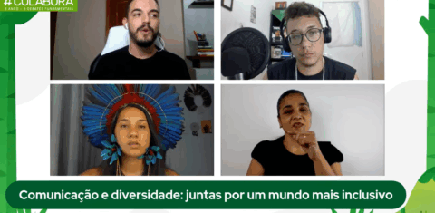 A comunicadora indígena Samela Sateré Mawé e o jronalista trans Caê Vasconcelos com o mediador Yuri Fernandes e a intérprete Bernadete: debate sobre diversidade e comunicação