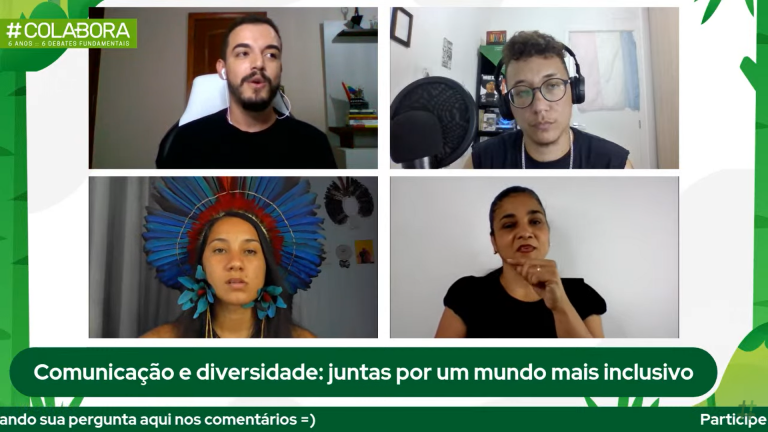 A comunicadora indígena Samela Sateré Mawé e o jronalista trans Caê Vasconcelos com o mediador Yuri Fernandes e a intérprete Bernadete: debate sobre diversidade e comunicação