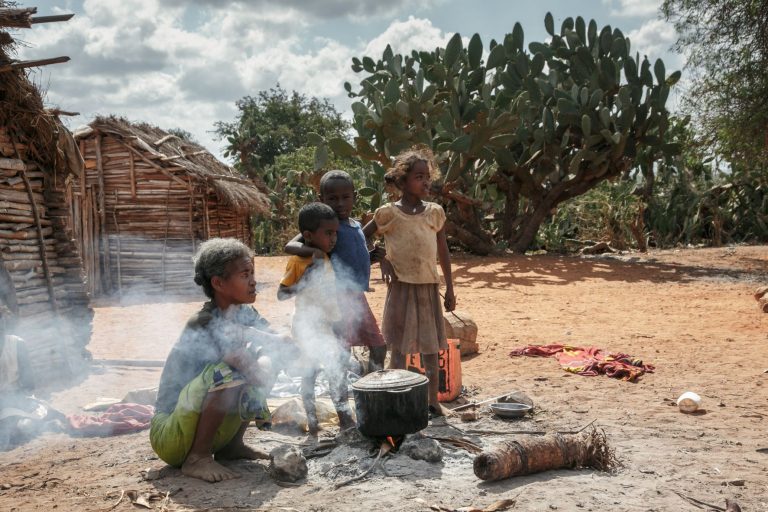 Mulher cozinha folhas de cactos para os filhos em meio à seca em Madagascar: insegurança alimentar com combinação de crise climática e pandemia (Foto: RIJASOLO / AFP - 30/08/2021)