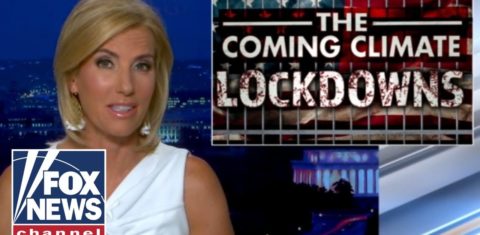 Laura Ingraham em anúncio de seu programa com foco no "próximo lockdown climático": teoria conspiratória impulsionada por grupos negacionistas (Foto: Reprodução)