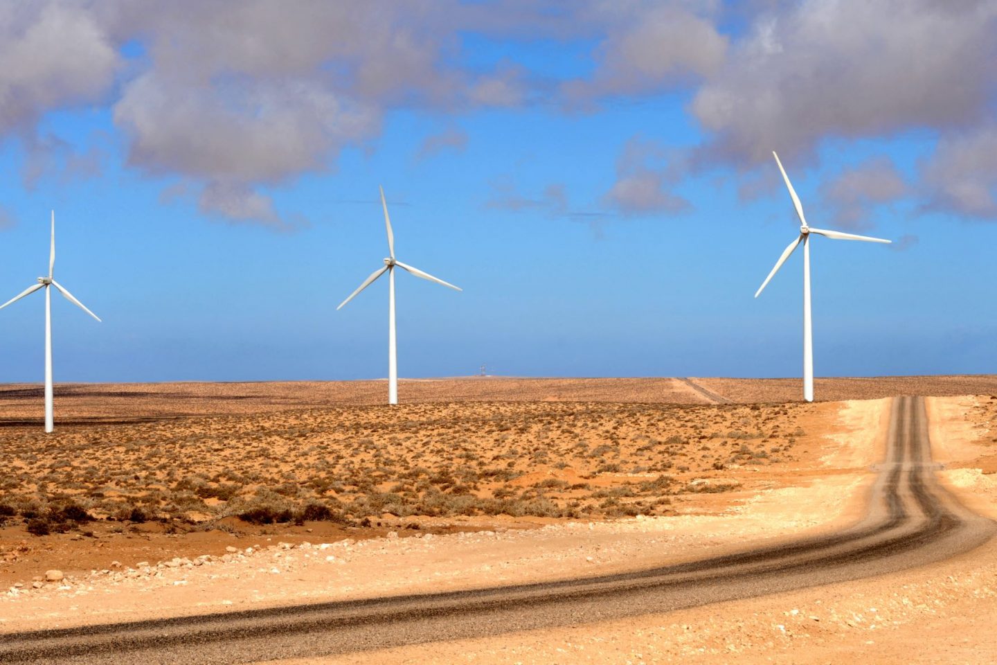 Torres de energia eólica no Sahara Ocidental: Marrocos produz energia renovável em áreas ocupadas e alvo de disputa internacional (Foto: Patrice Thebaud / AFP)