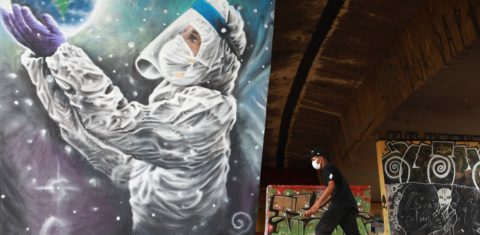 Jovem de skate em frente a um grafite do artista Luciano Cranio, em Sapucaia do Sul, no Rio Grande do Sul: mais de 34 mil mortes de covid-19