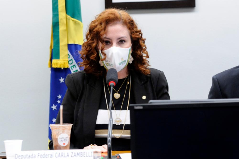 A deputada Carla Zambelli presidindo a Comissão de Meio Ambiente: parlamentar bolsonarista fez andar projeto para militarizar fiscalização ambiental (Foto: Gustavo Sales/Câmara dos Deputados - 13/04/2021)