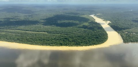 Visão aérea do Rio Tapajós em Alter do Chão: explosão do garimpo no médio curso do rio é muito provavelmente a causa da mudança da cor da água, de acordo com análise do MapBiomas (Foto: Observatório do Clima)